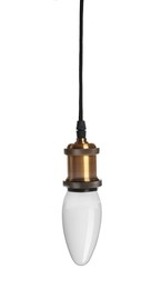 Image of One light bulb hanging on white background