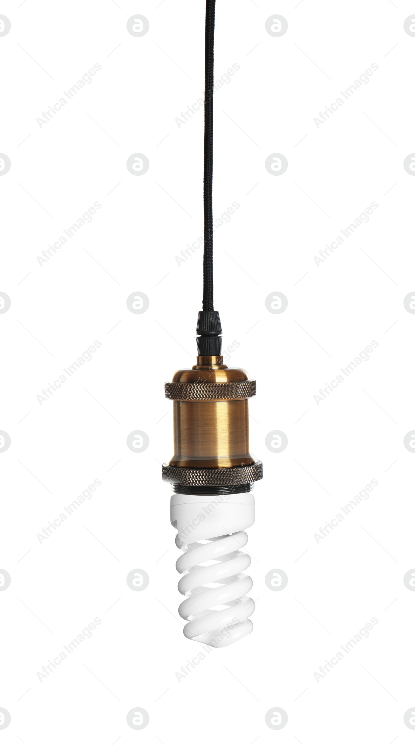 Image of One light bulb hanging on white background