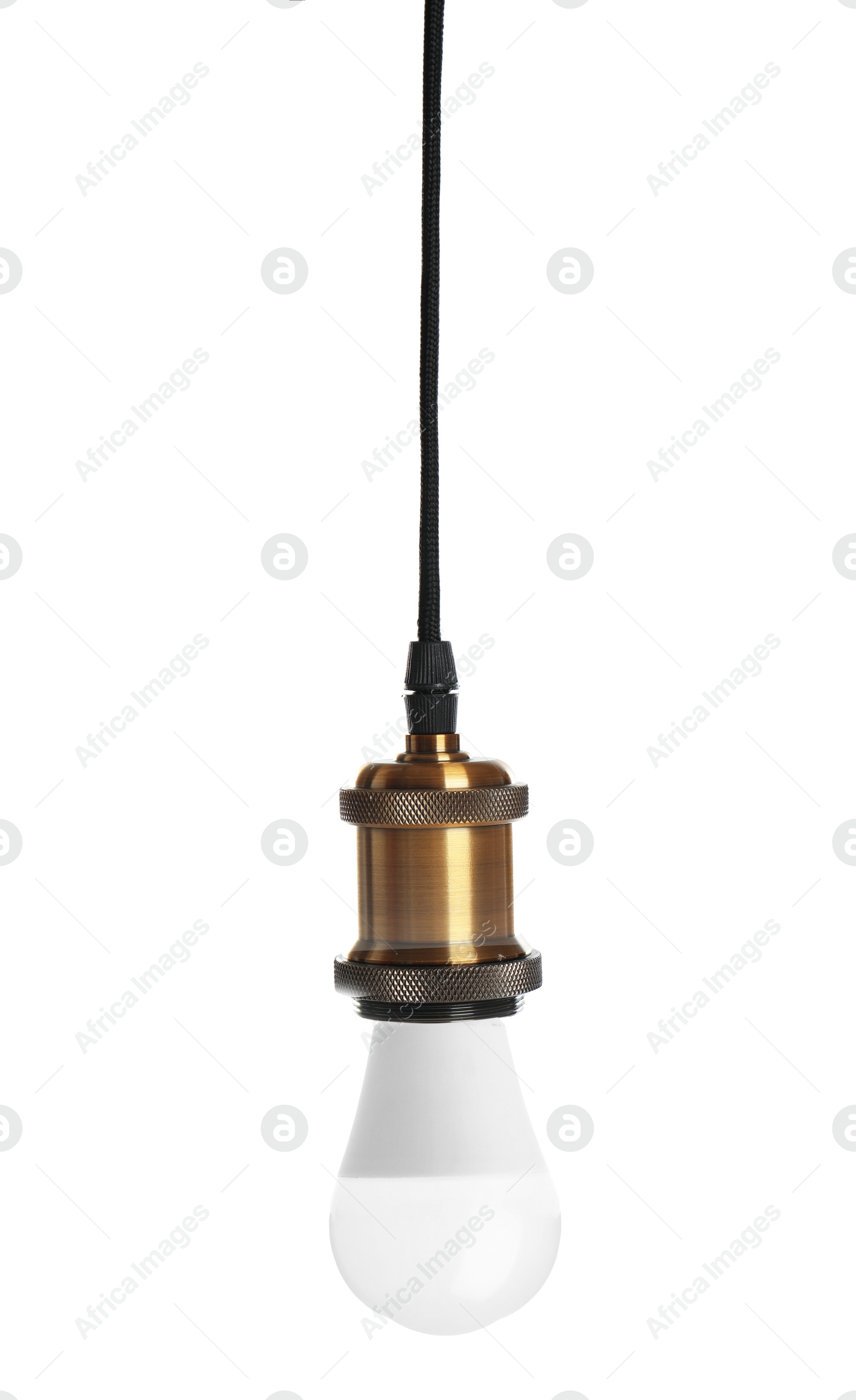 Image of One light bulb hanging on white background