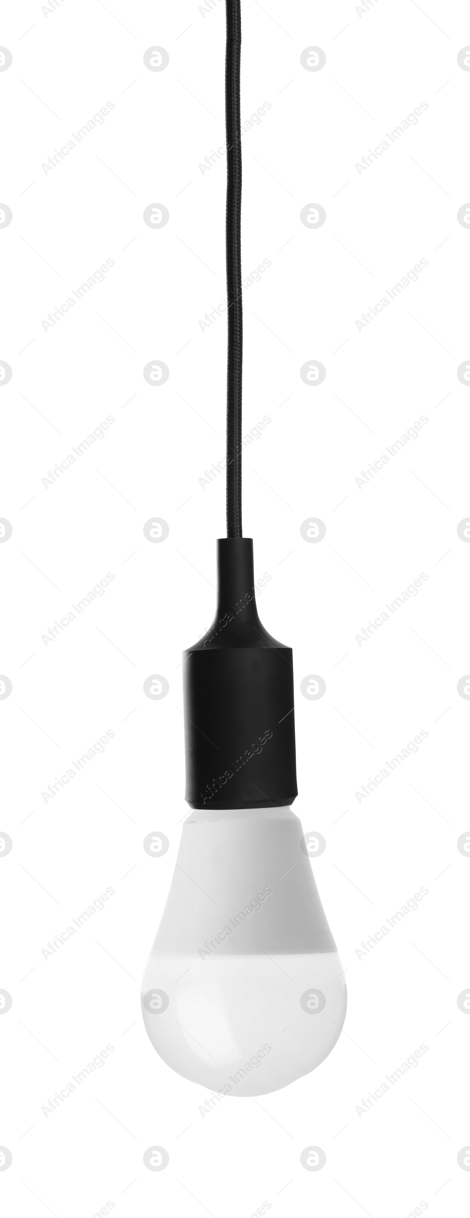 Image of One light bulb hanging on white background