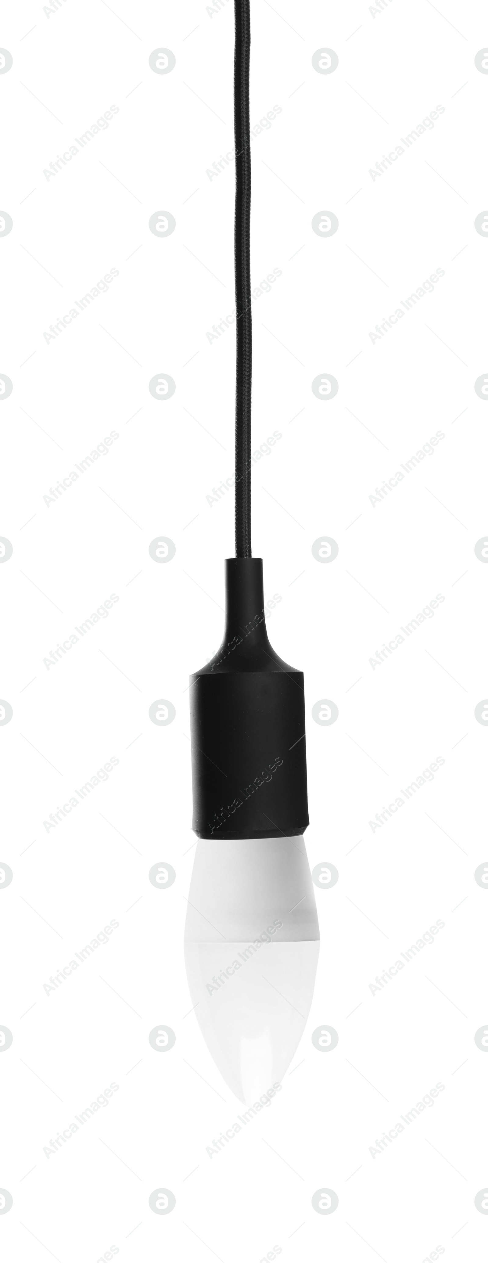 Image of One light bulb hanging on white background