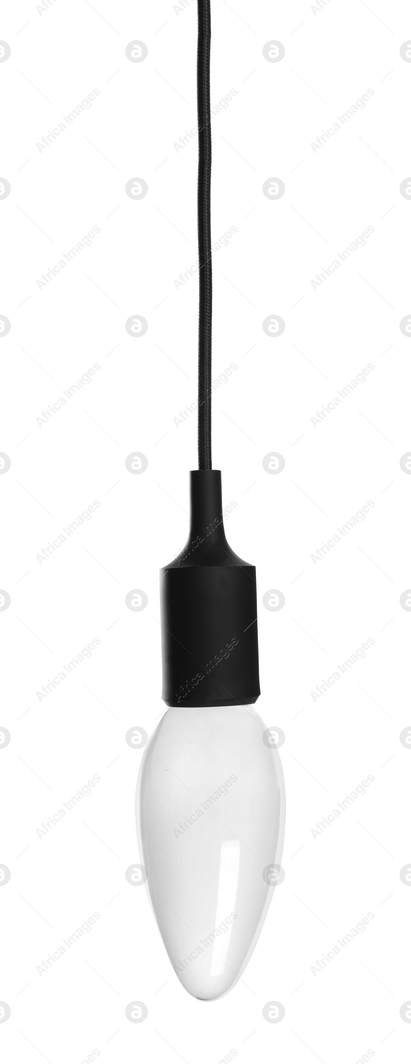 Image of One light bulb hanging on white background