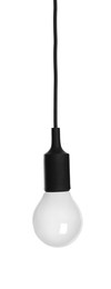 Image of One light bulb hanging on white background