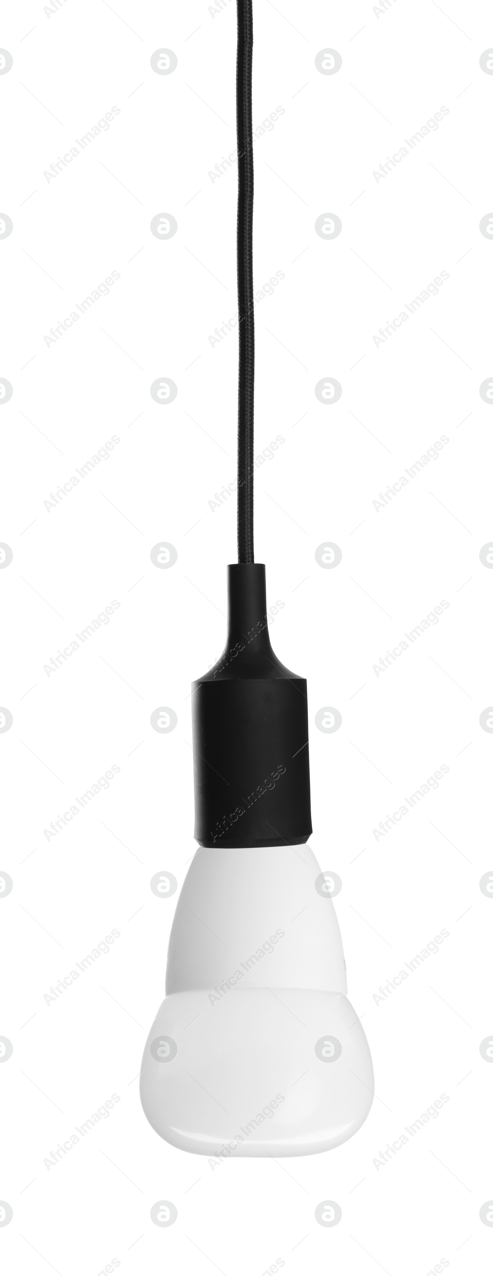 Image of One light bulb hanging on white background