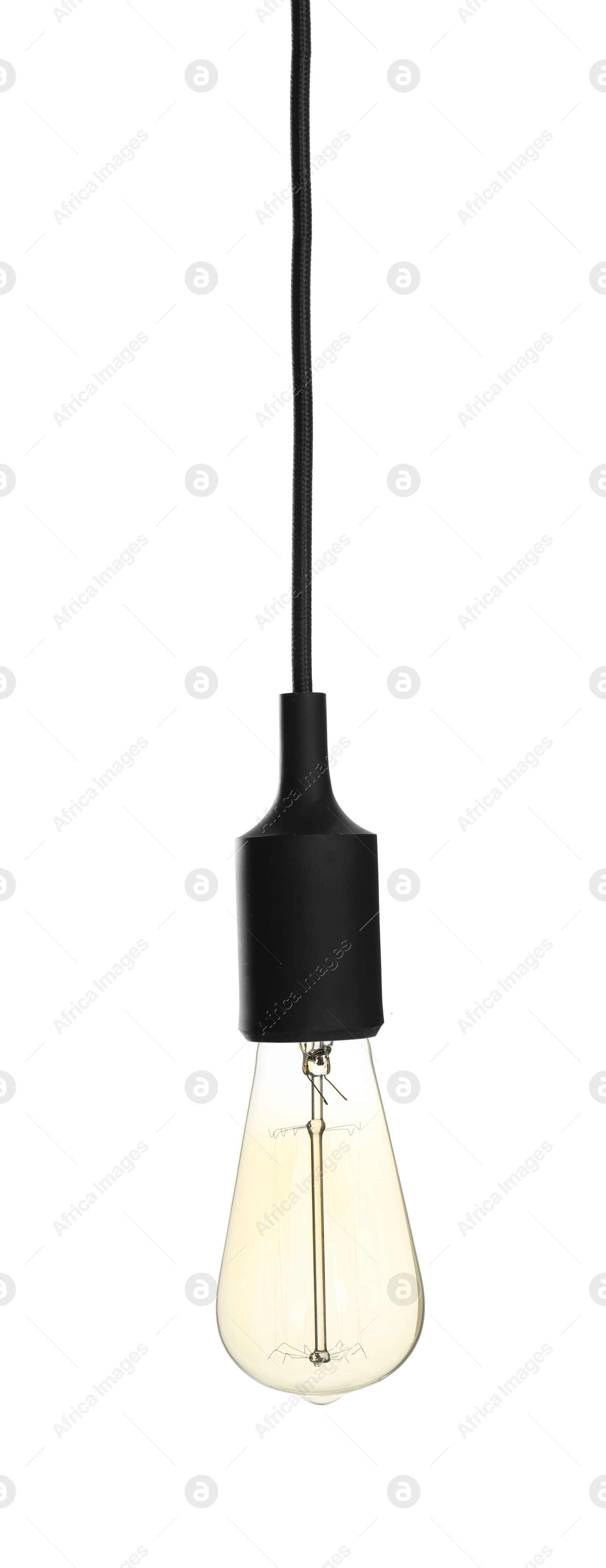 Image of One light bulb hanging on white background