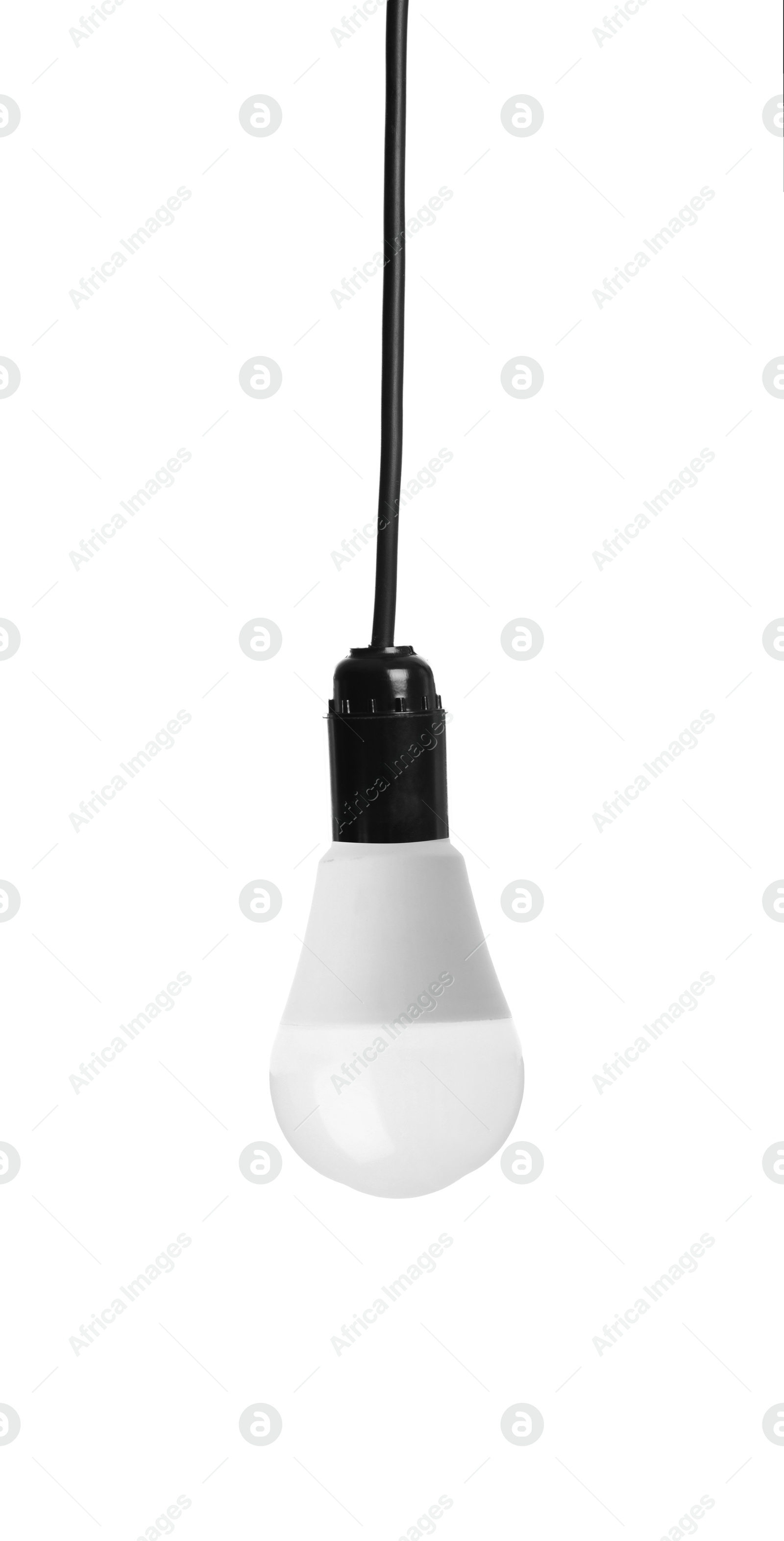 Image of One light bulb hanging on white background