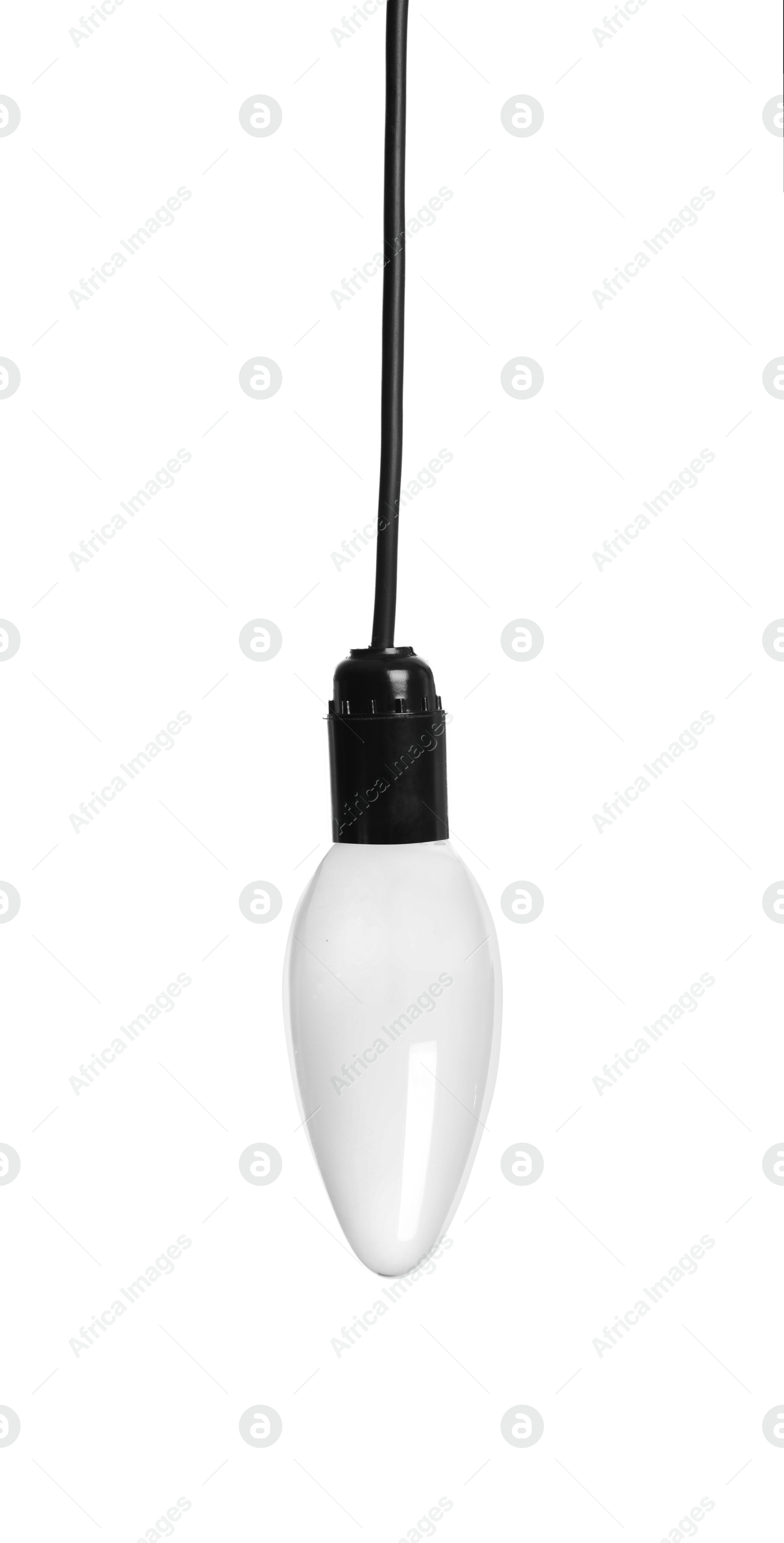 Image of One light bulb hanging on white background