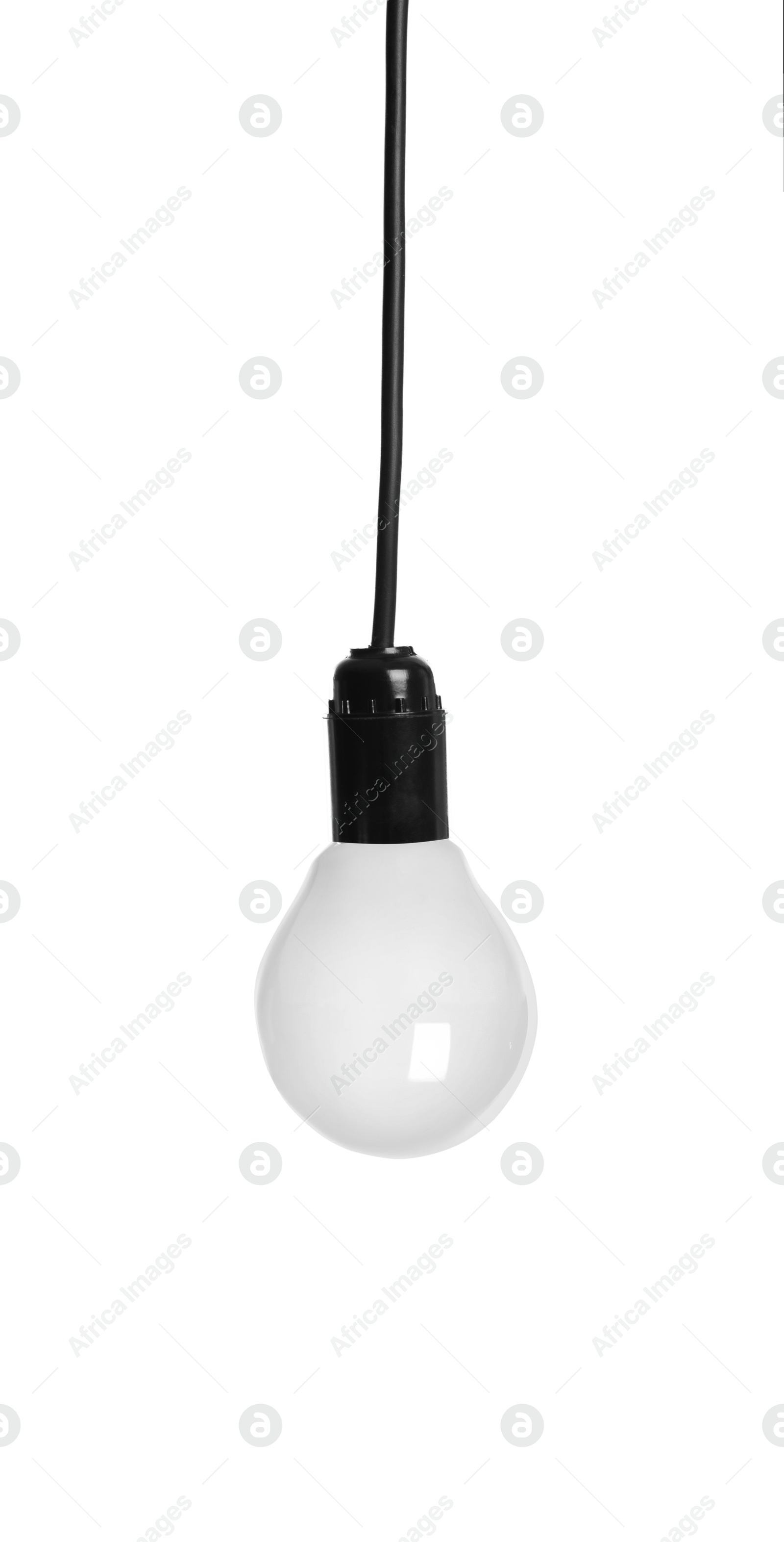 Image of One light bulb hanging on white background