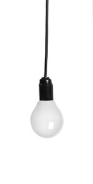 Image of One light bulb hanging on white background