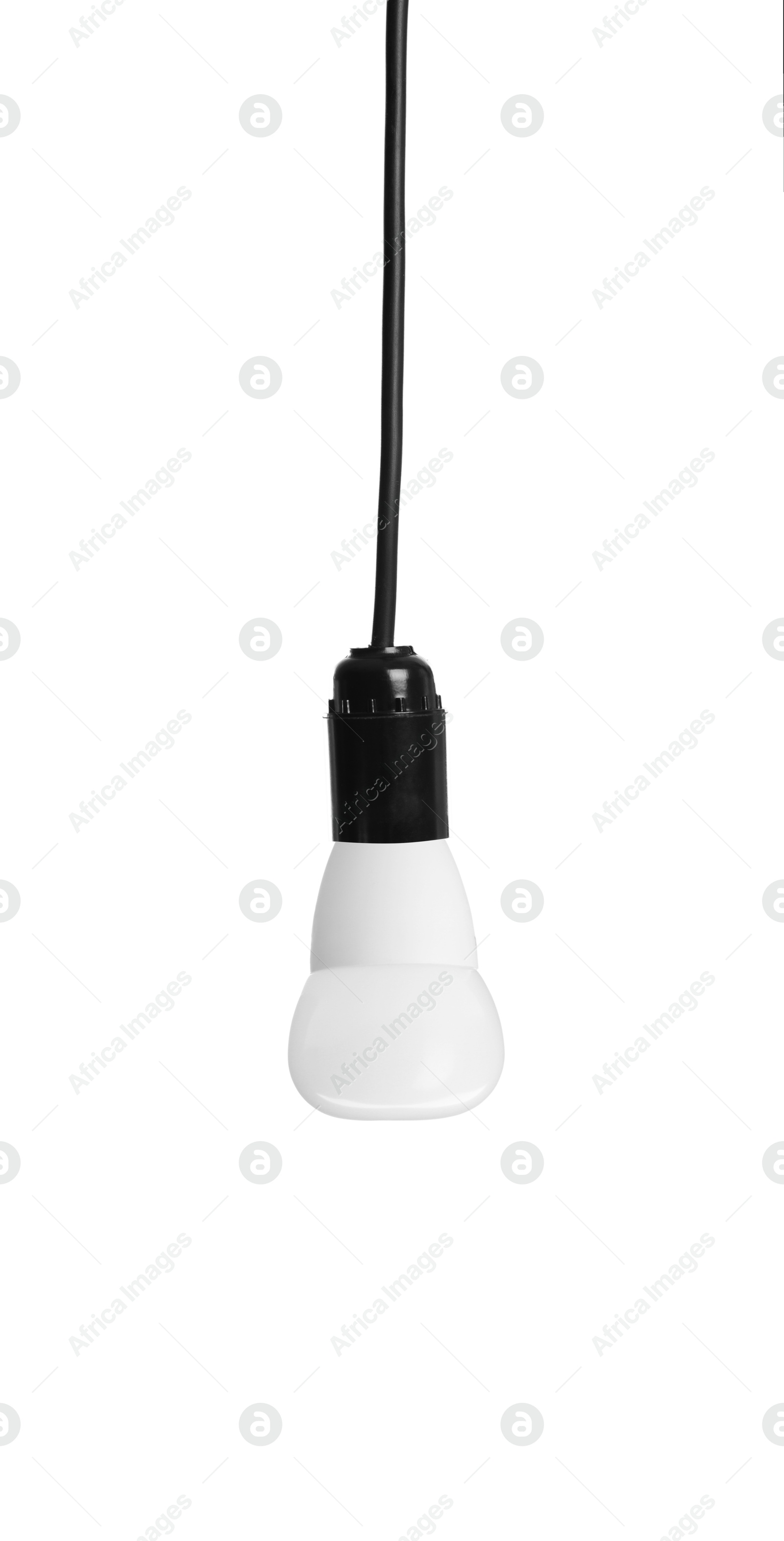 Image of One light bulb hanging on white background