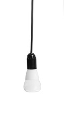 Image of One light bulb hanging on white background