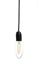 Image of One light bulb hanging on white background