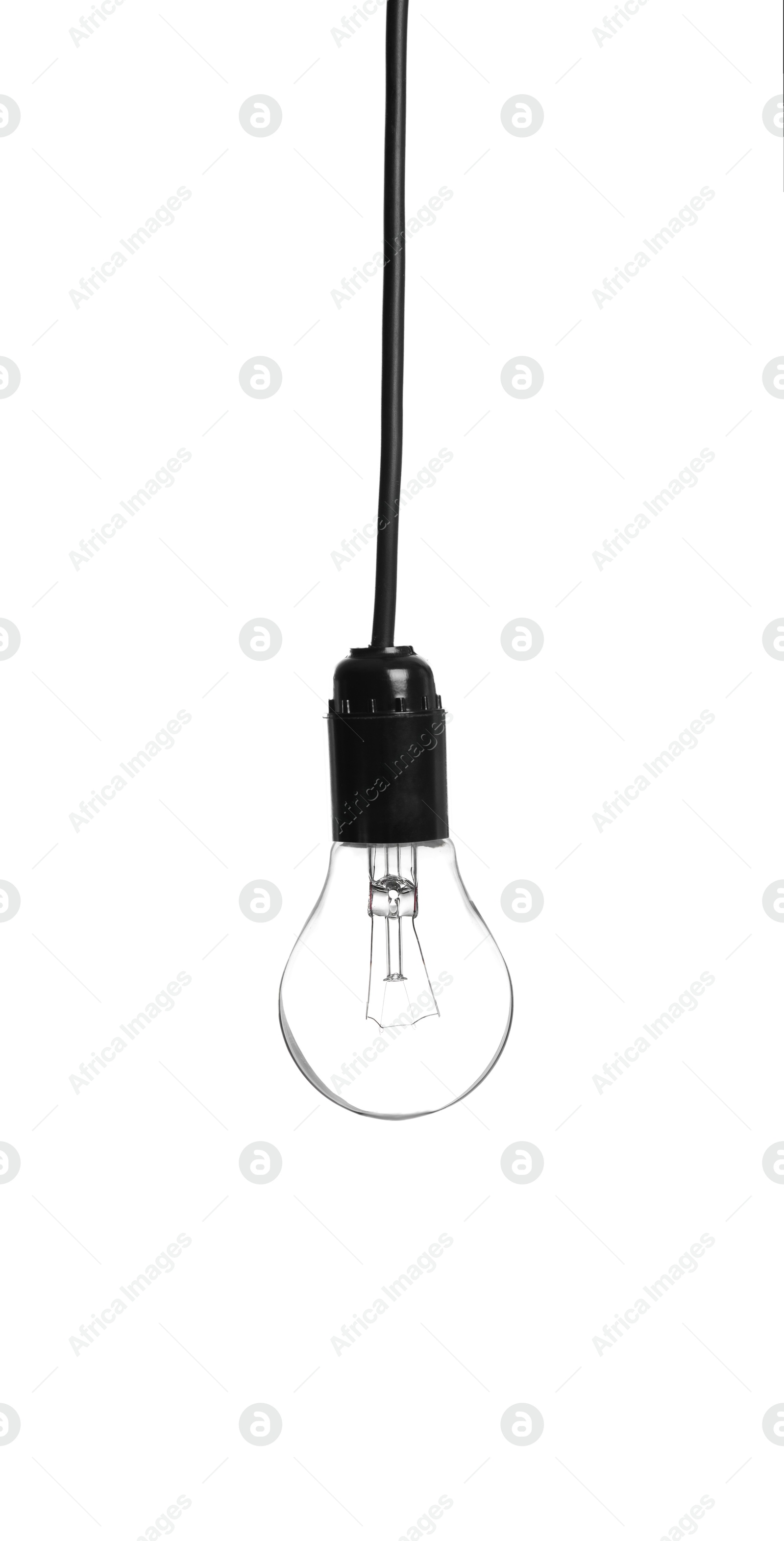 Image of One light bulb hanging on white background