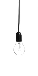 Image of One light bulb hanging on white background