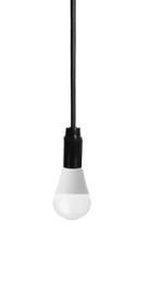 Image of One light bulb hanging on white background