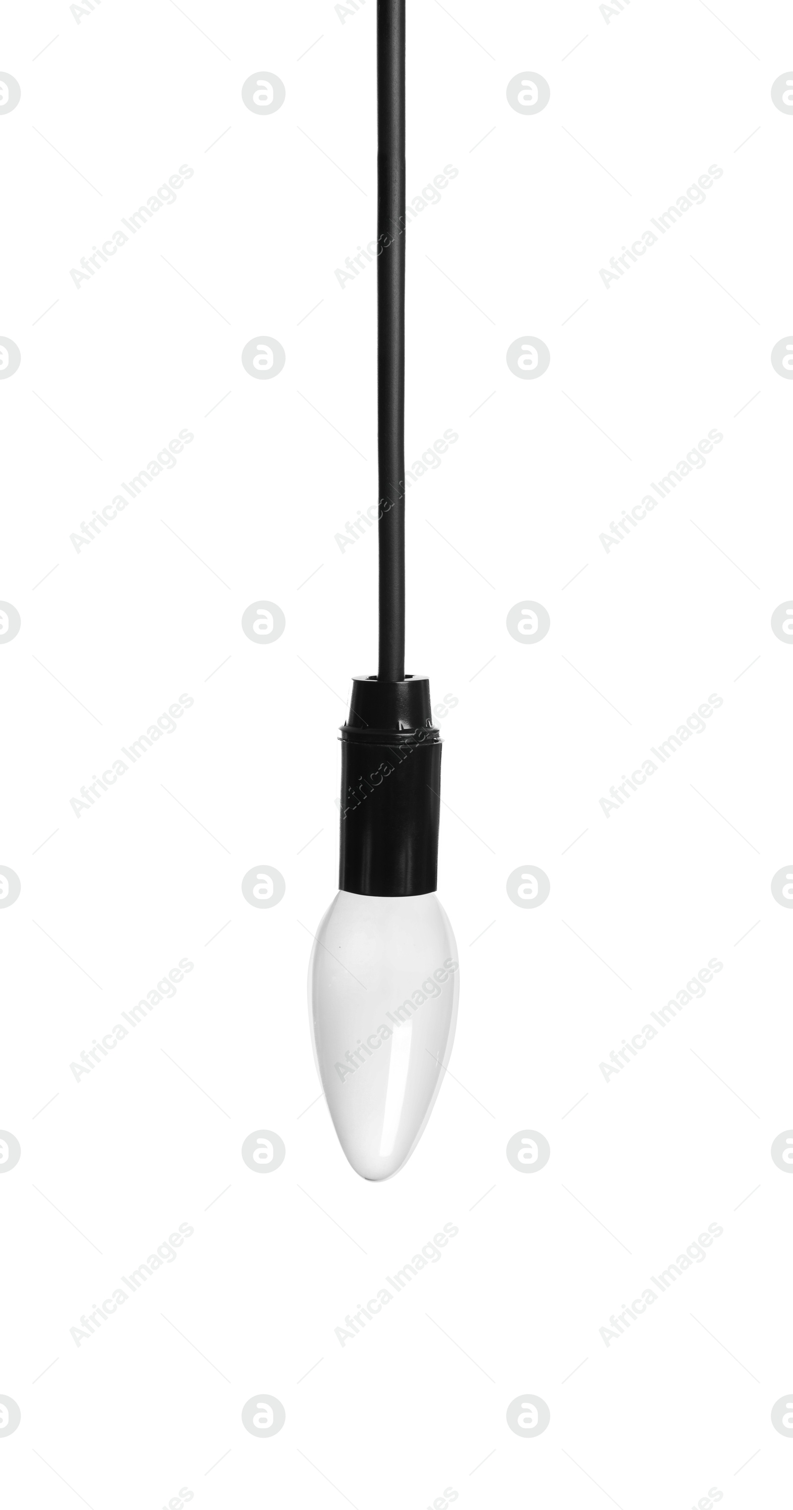 Image of One light bulb hanging on white background