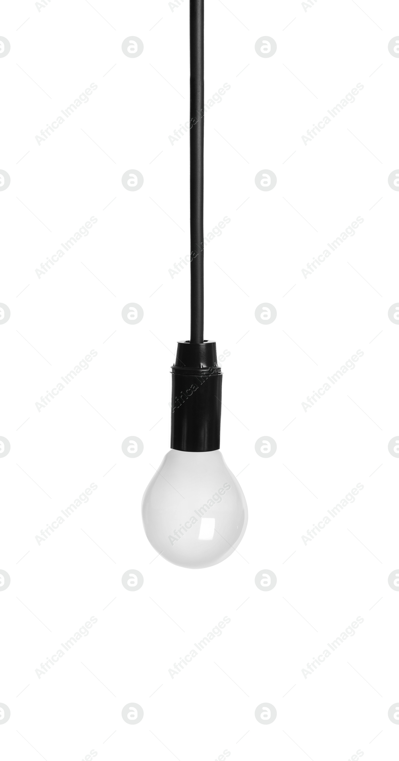 Image of One light bulb hanging on white background