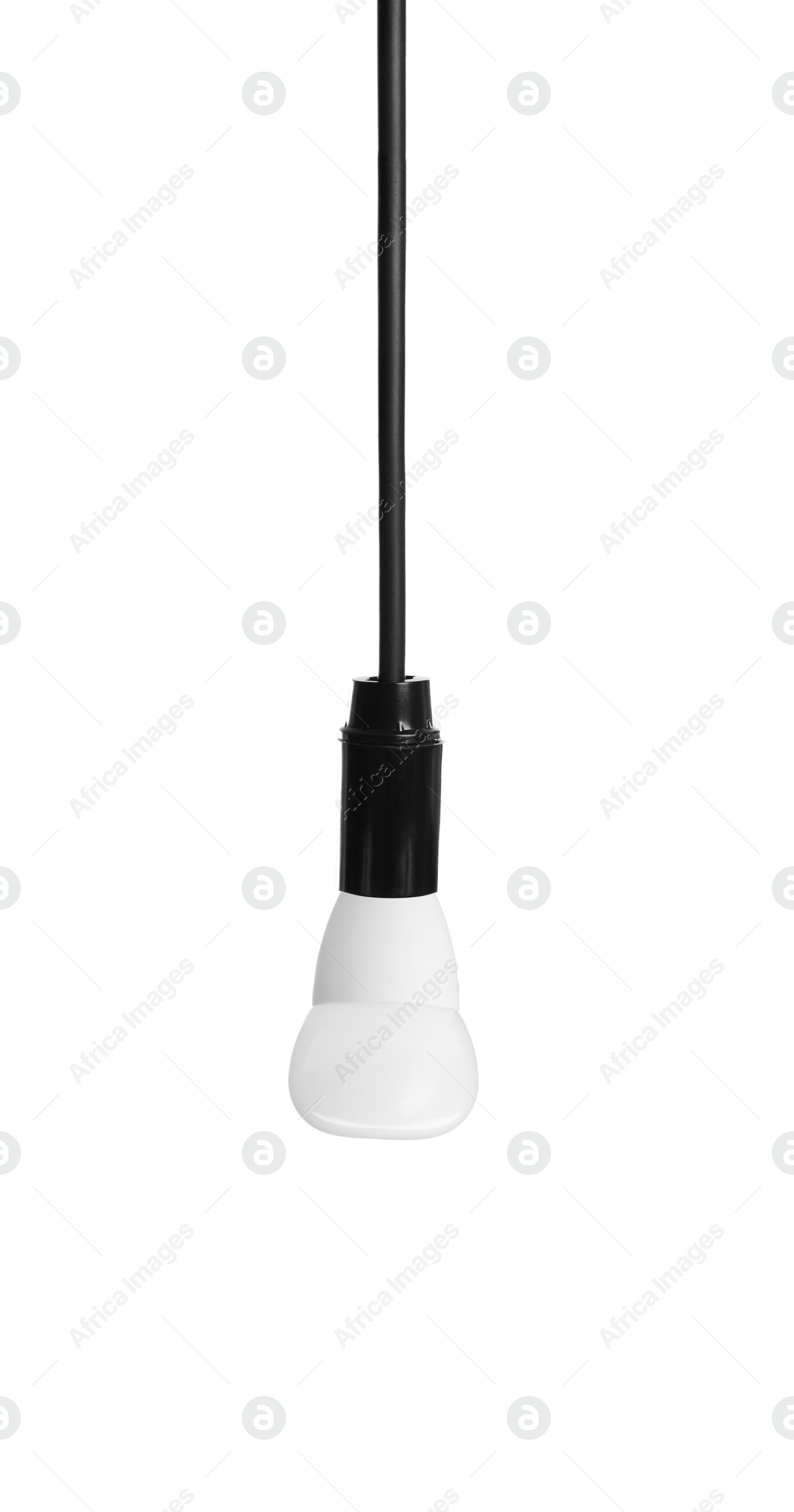 Image of One light bulb hanging on white background