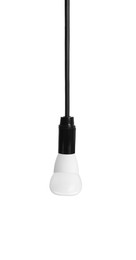 One light bulb hanging on white background