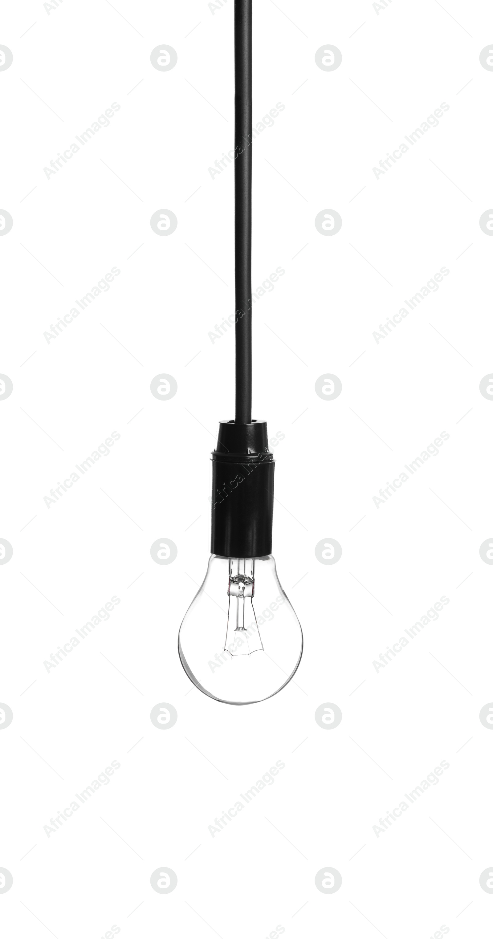 Image of One light bulb hanging on white background