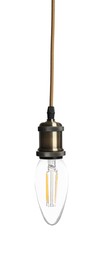 Image of One light bulb hanging on white background