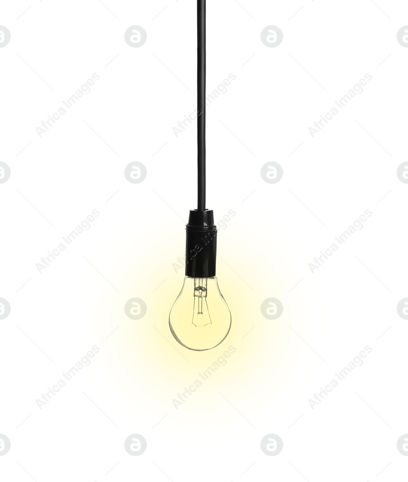 Image of One glowing light bulb hanging on white background