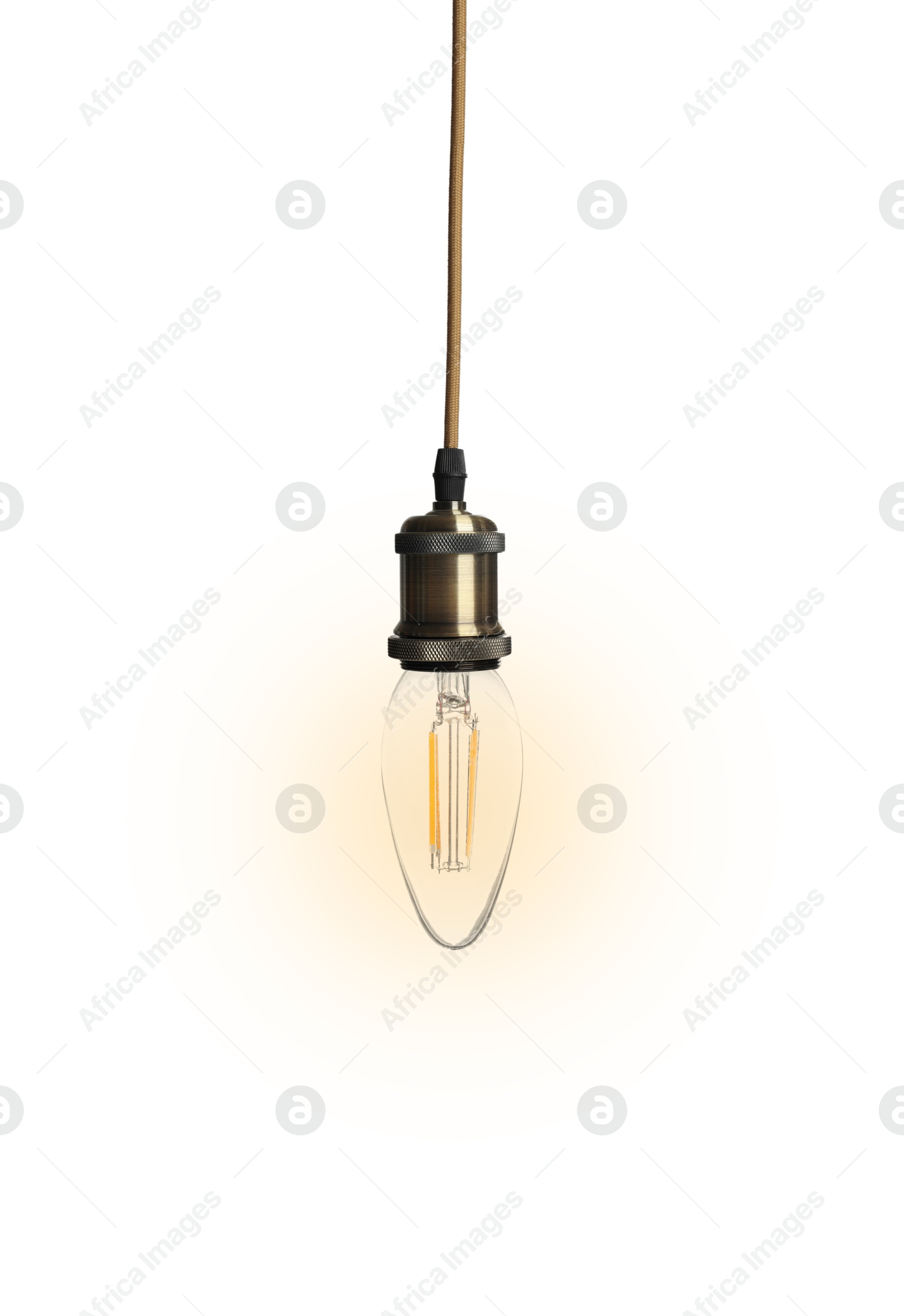 Image of One glowing light bulb hanging on white background