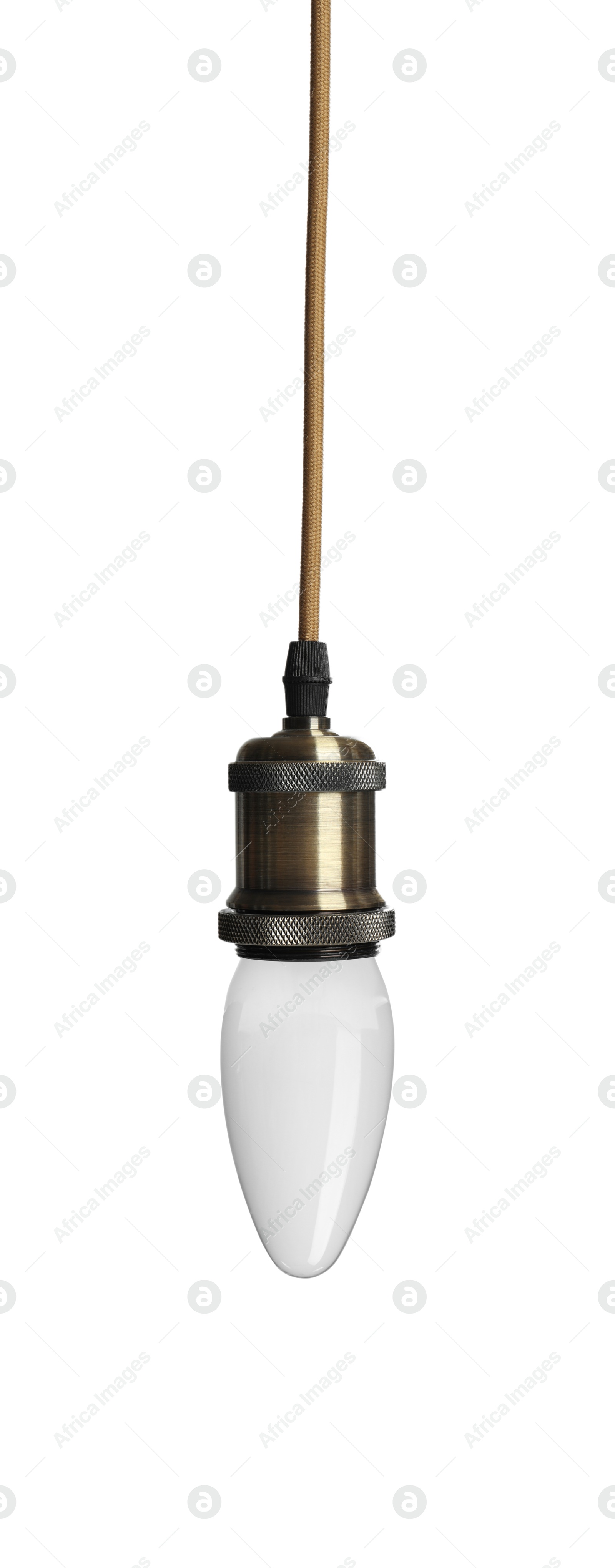 Image of One light bulb hanging on white background