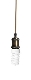 Image of One light bulb hanging on white background