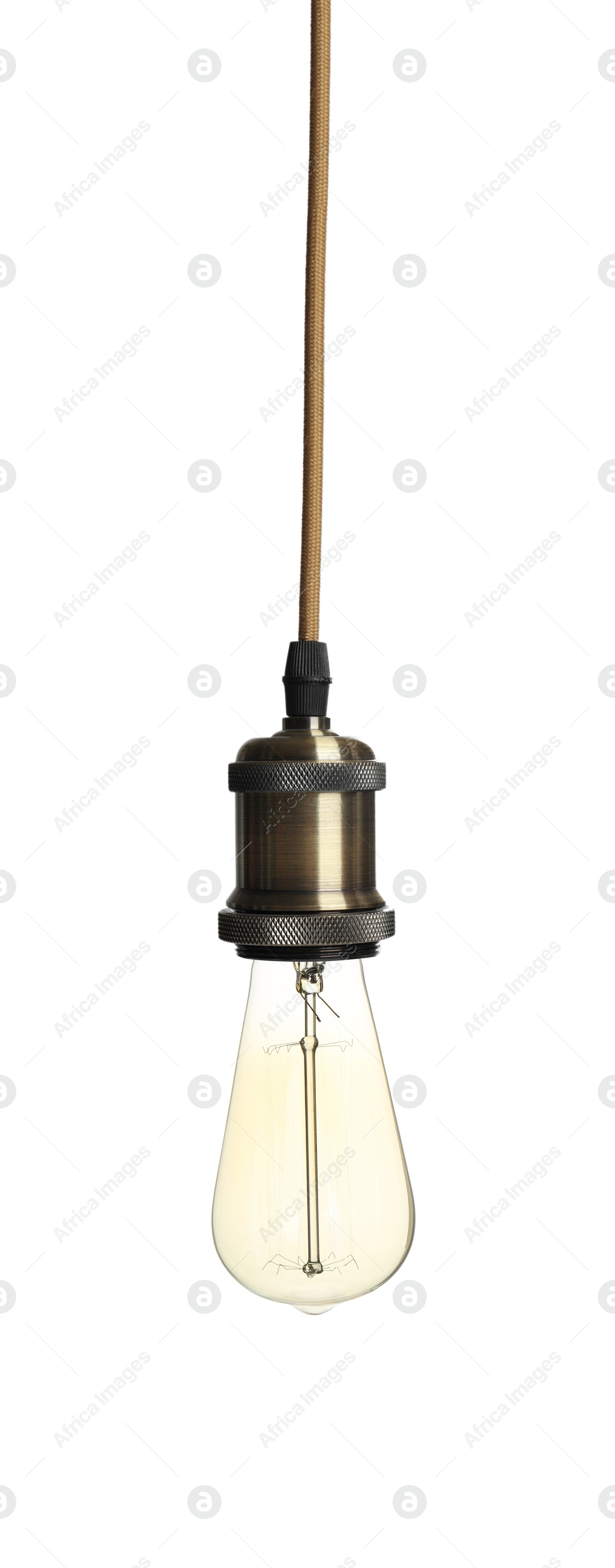 Image of One light bulb hanging on white background