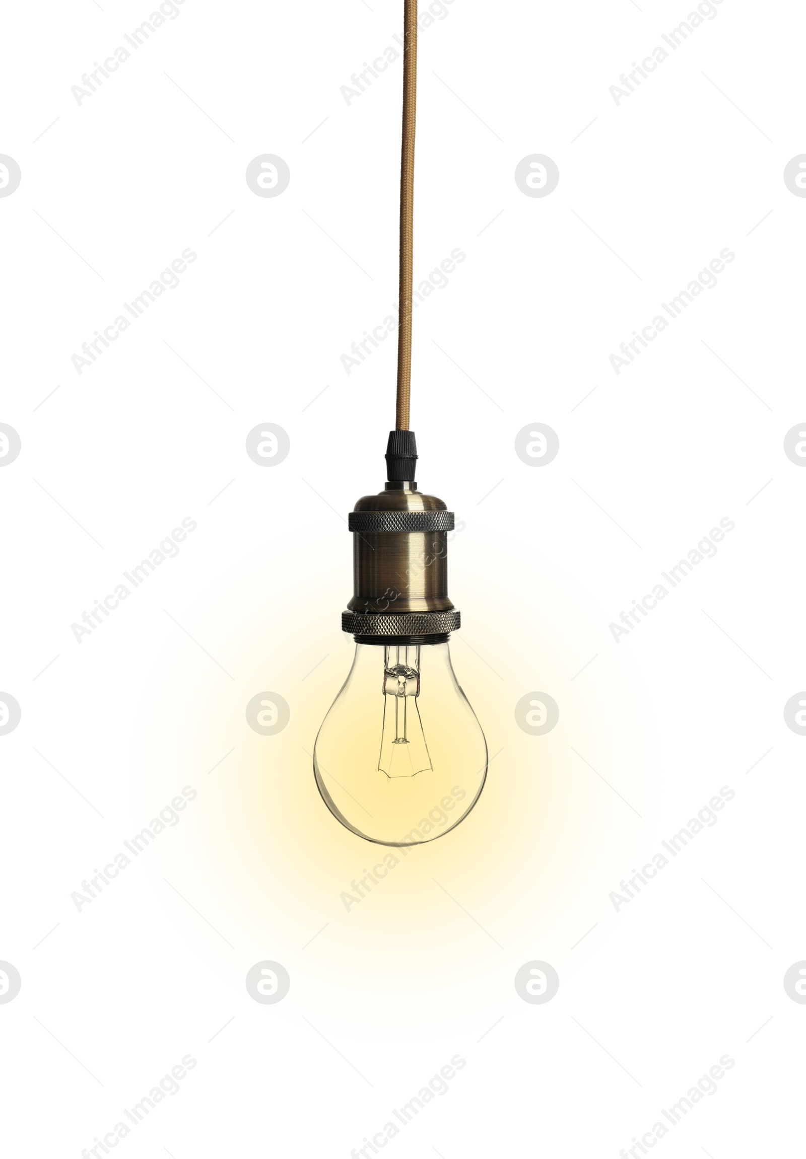 Image of One glowing light bulb hanging on white background