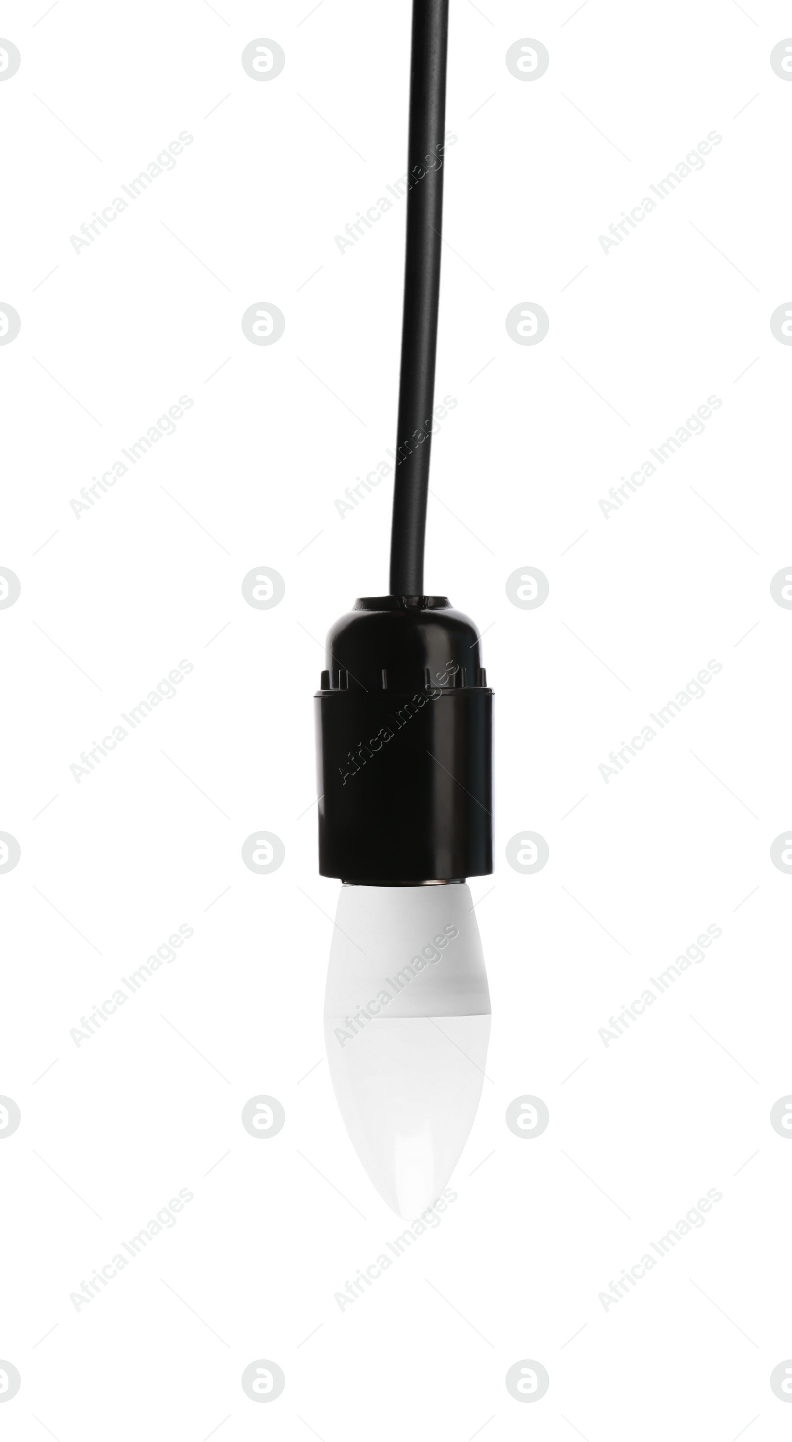 Image of One light bulb hanging on white background