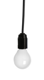 Image of One light bulb hanging on white background