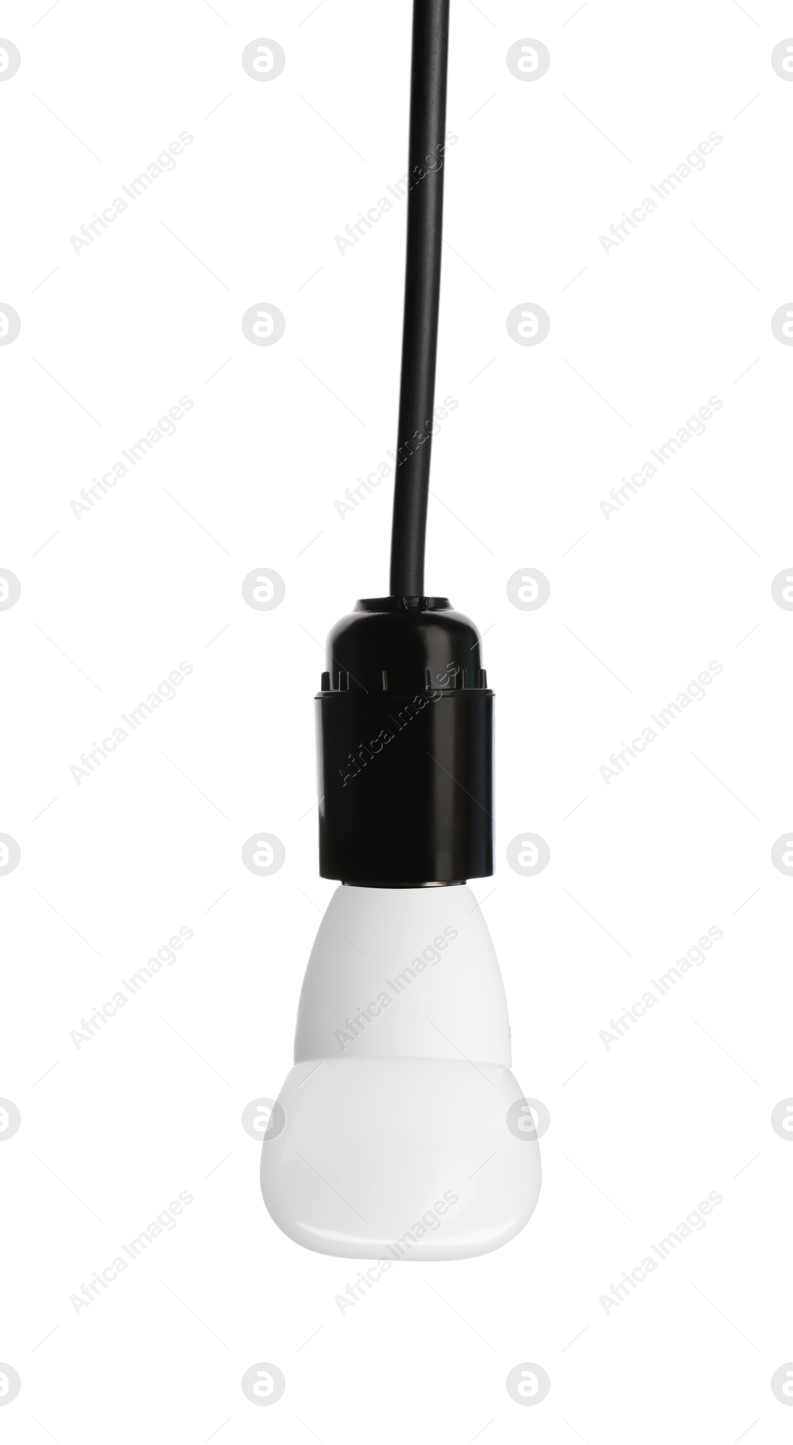 Image of One light bulb hanging on white background