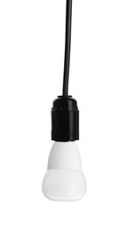 Image of One light bulb hanging on white background