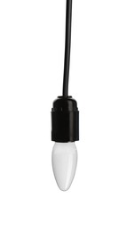 Image of One light bulb hanging on white background