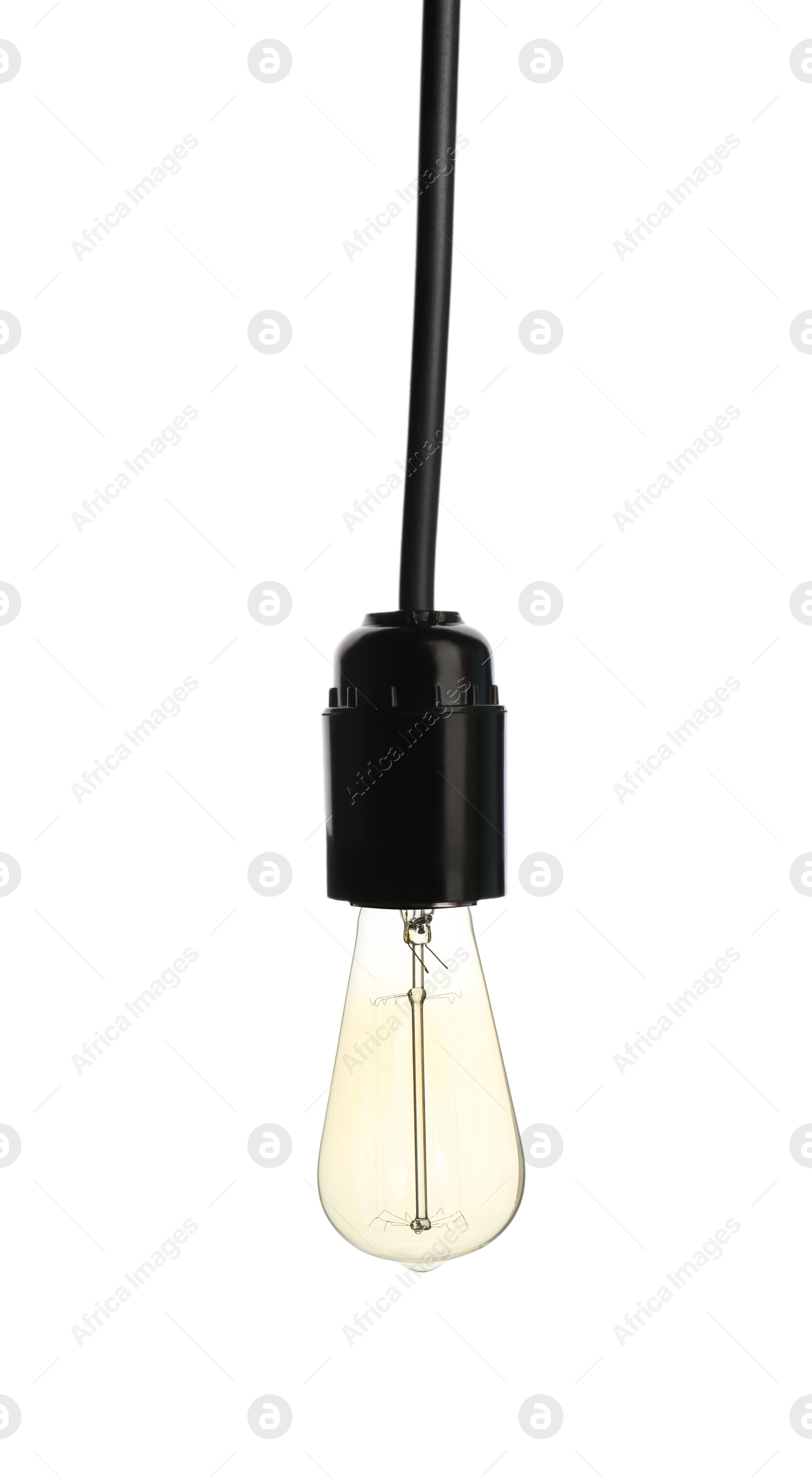 Image of One light bulb hanging on white background