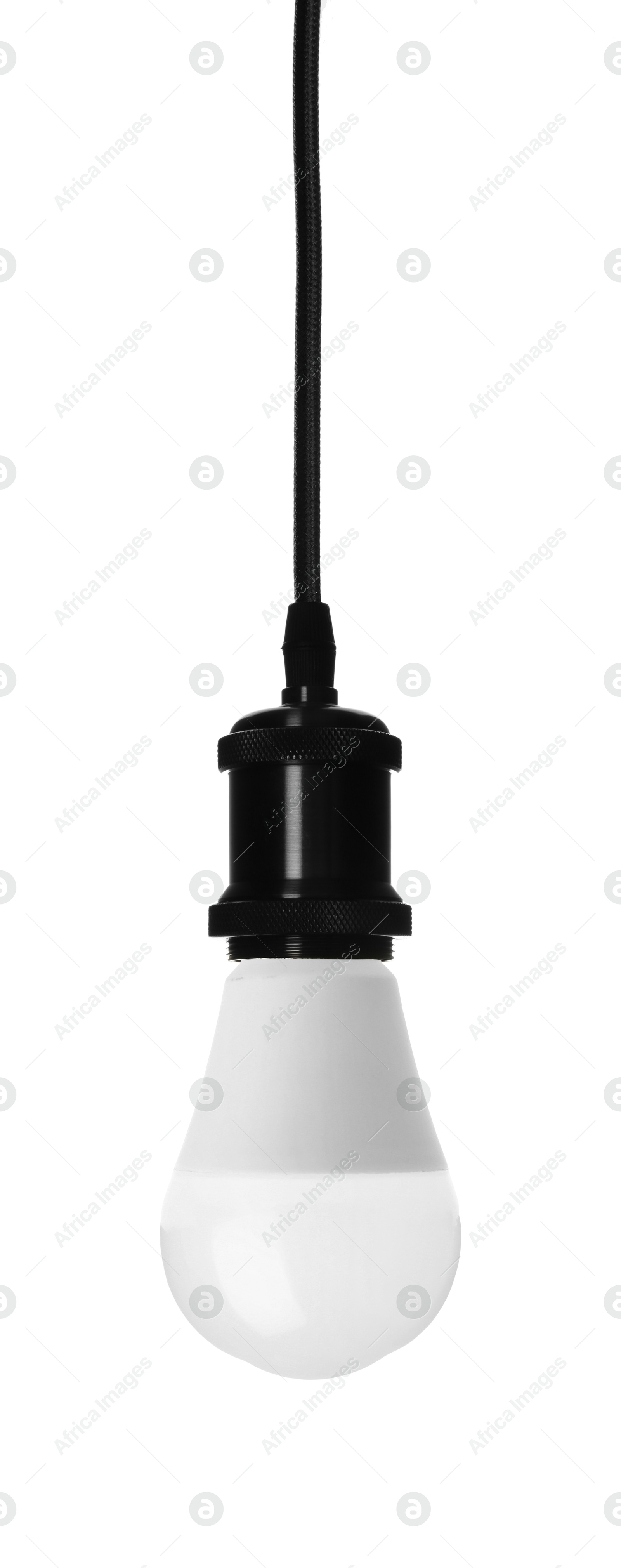 Image of One light bulb hanging on white background