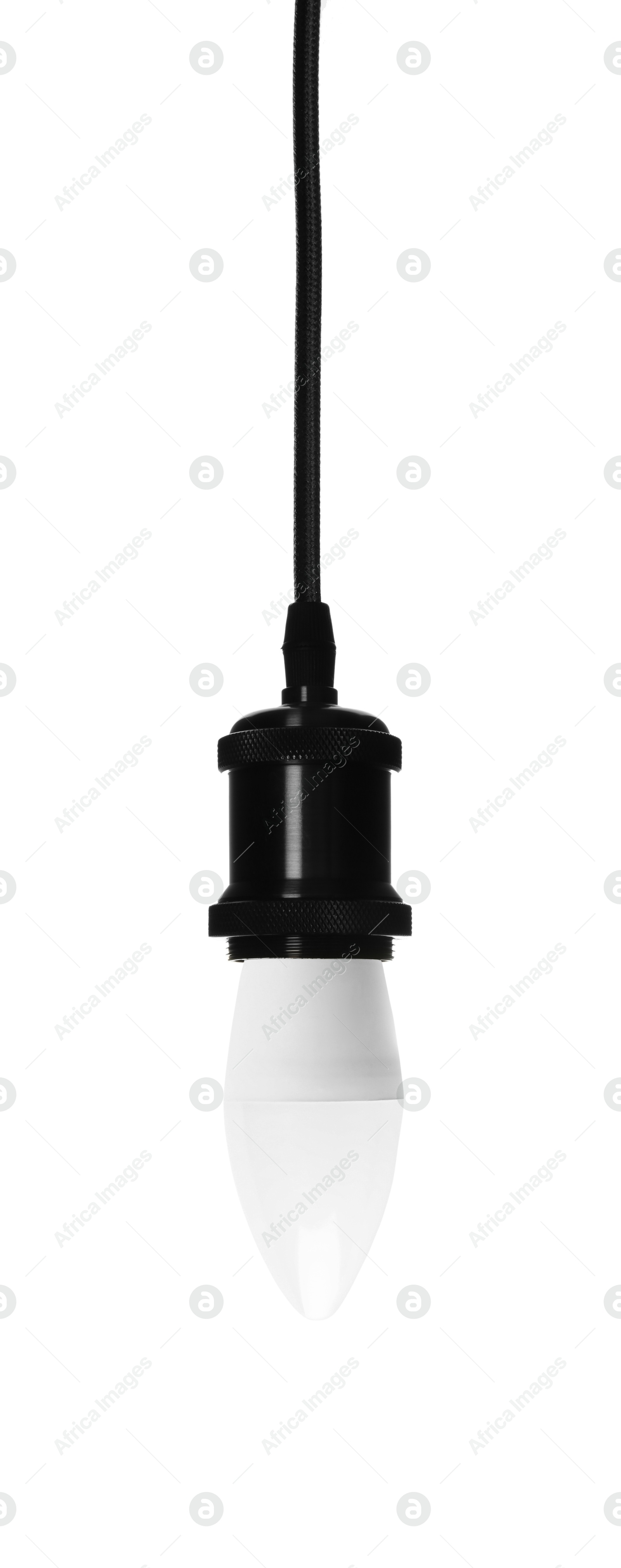 Image of One light bulb hanging on white background