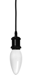 Image of One light bulb hanging on white background