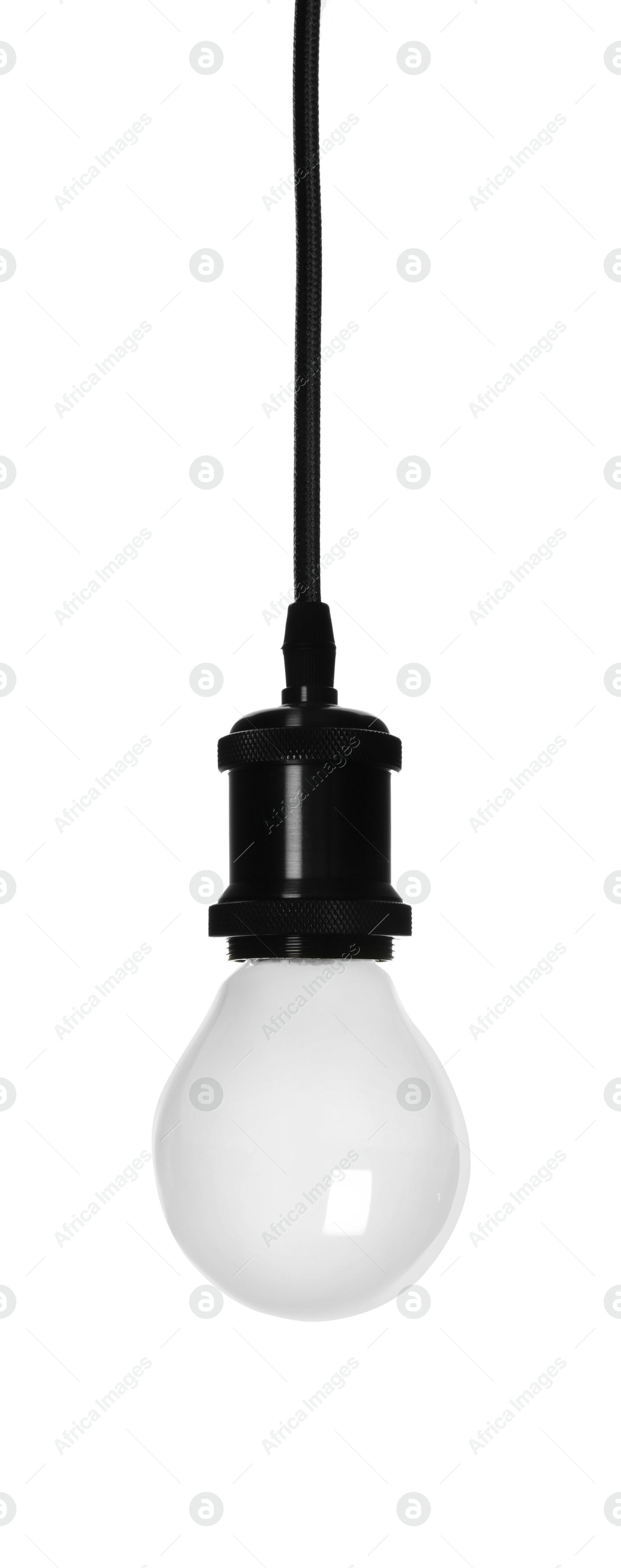 Image of One light bulb hanging on white background