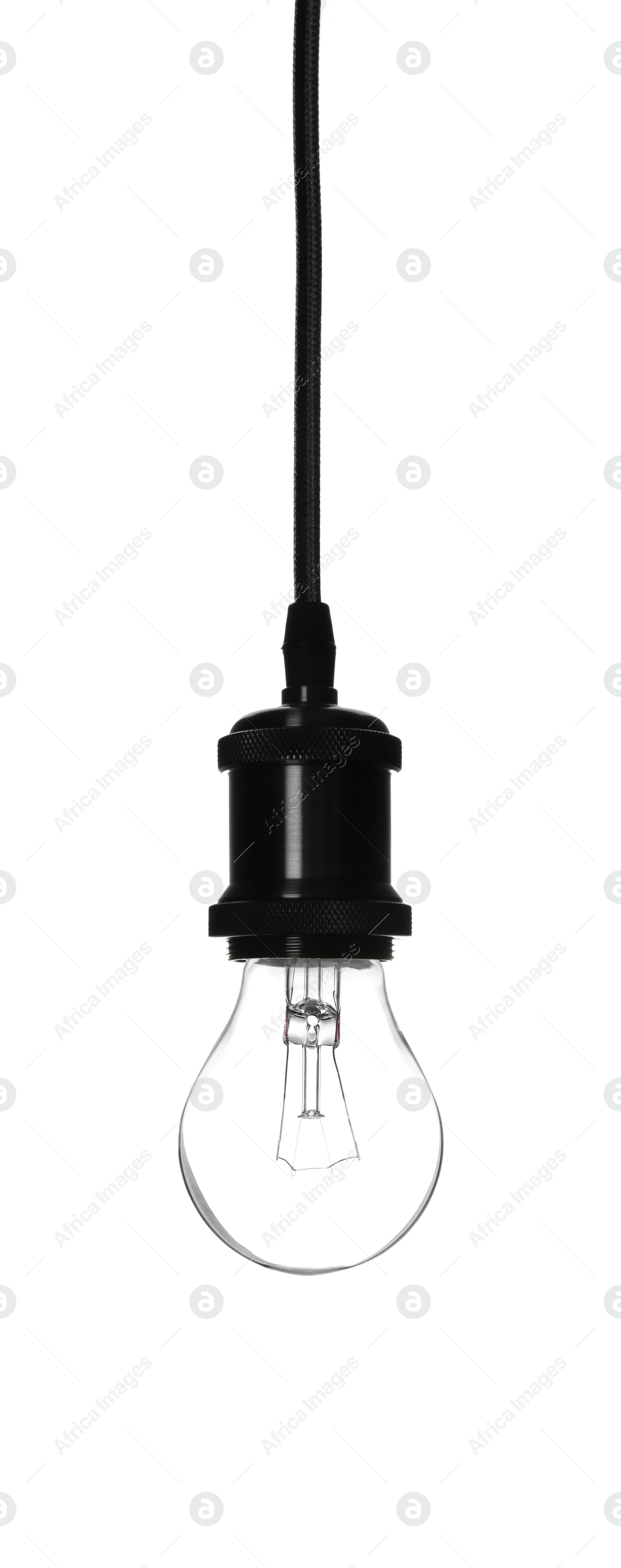 Image of One light bulb hanging on white background