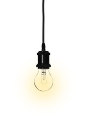 One glowing light bulb hanging on white background