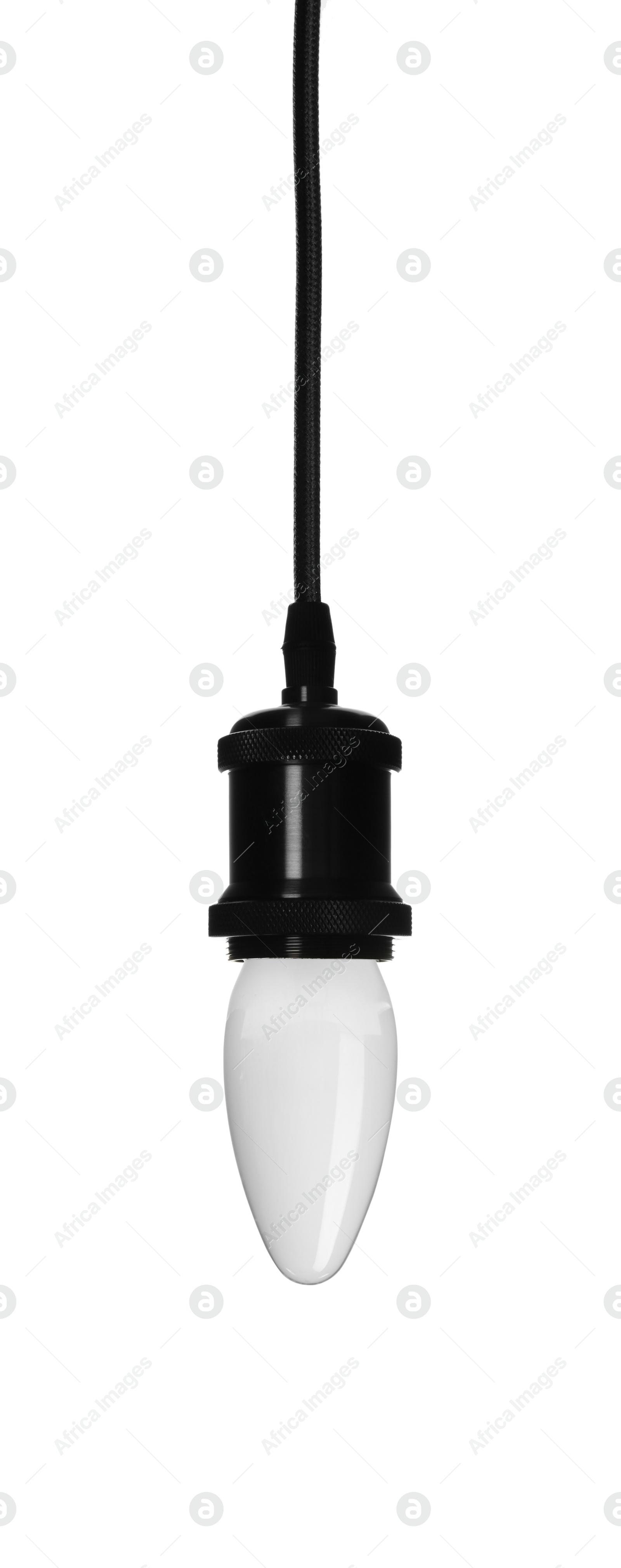 Image of One light bulb hanging on white background