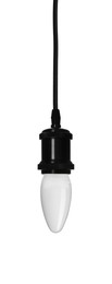 Image of One light bulb hanging on white background