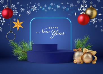 Image of Stylish New Year greeting card design with Christmas balls, snowflakes and podium on blue background