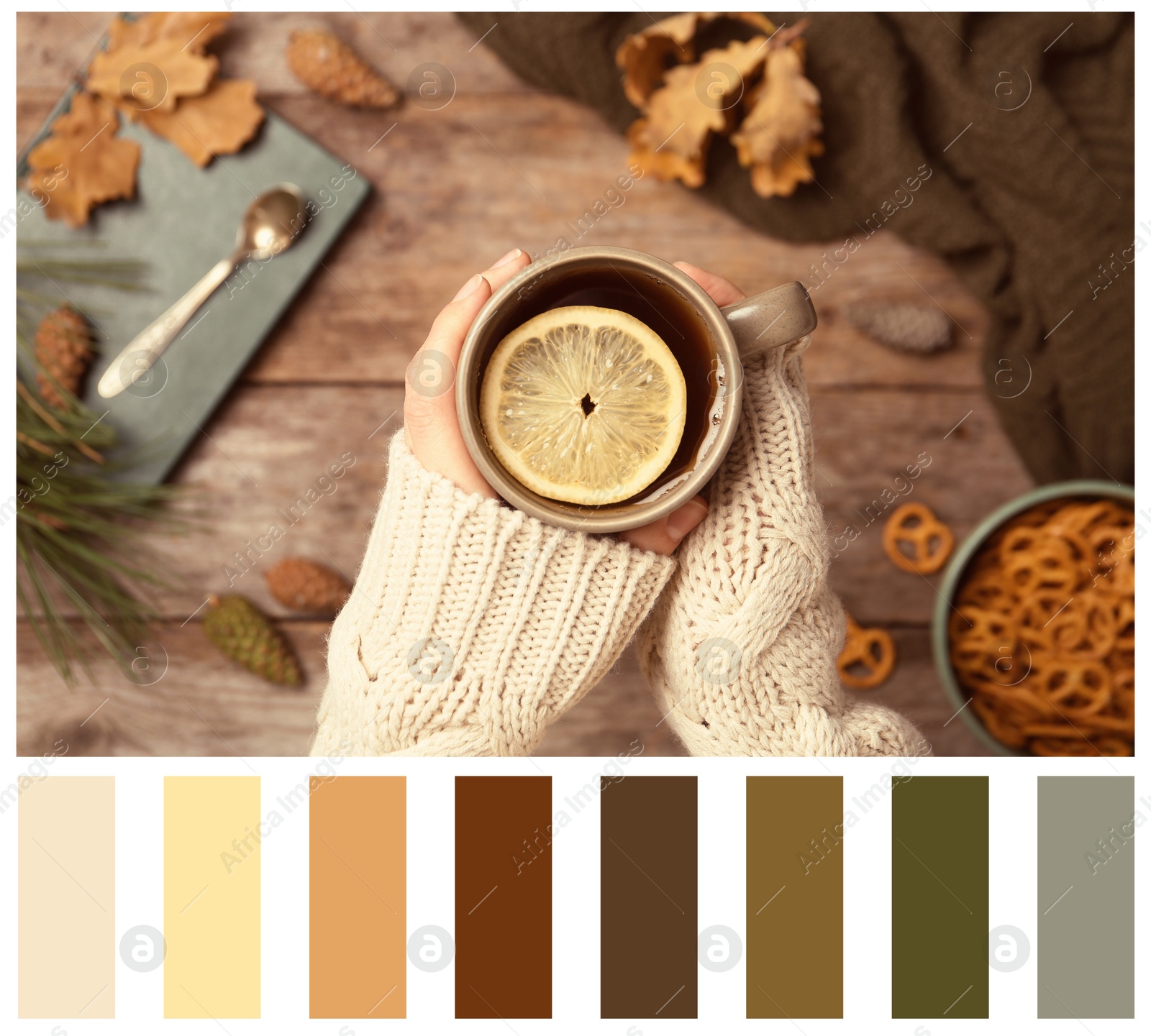 Image of Shades of autumn, collage with photo and matching color palette. Girl holding cup of tea over wooden table, top view