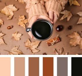 Image of Shades of fall, collage with photo and matching color palette. Girl holding cup of drink over brown table with autumn leaves, top view