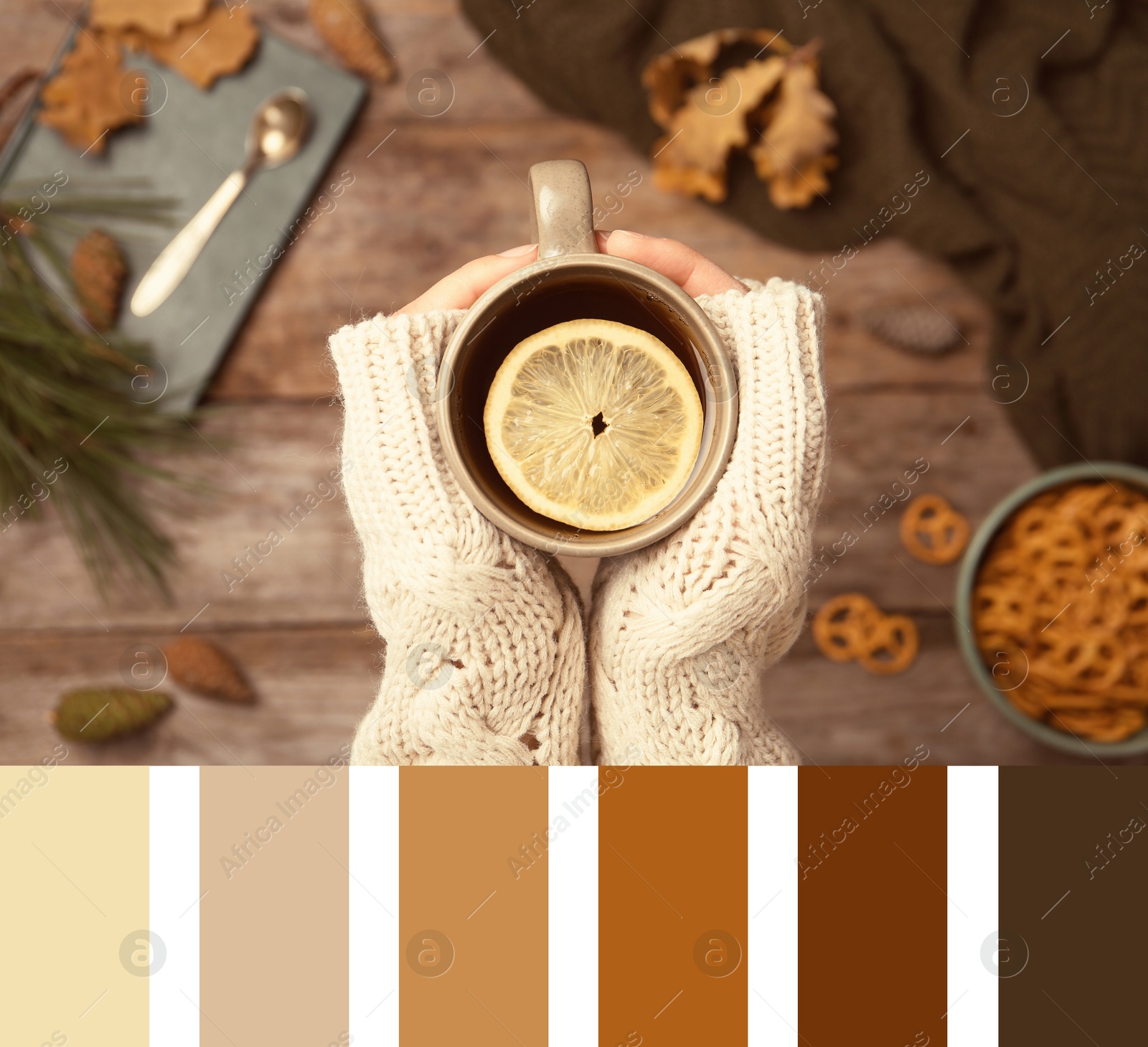 Image of Shades of autumn, collage with photo and matching color palette. Girl holding cup of tea over wooden table, top view