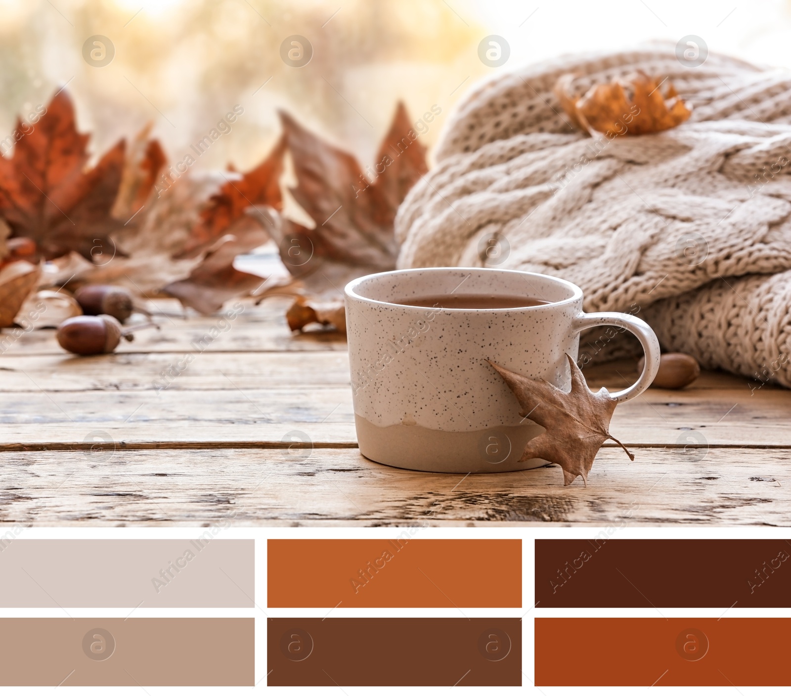 Image of Shades of fall. Picture of cup and autumn leaves on wooden sill and matching color palette